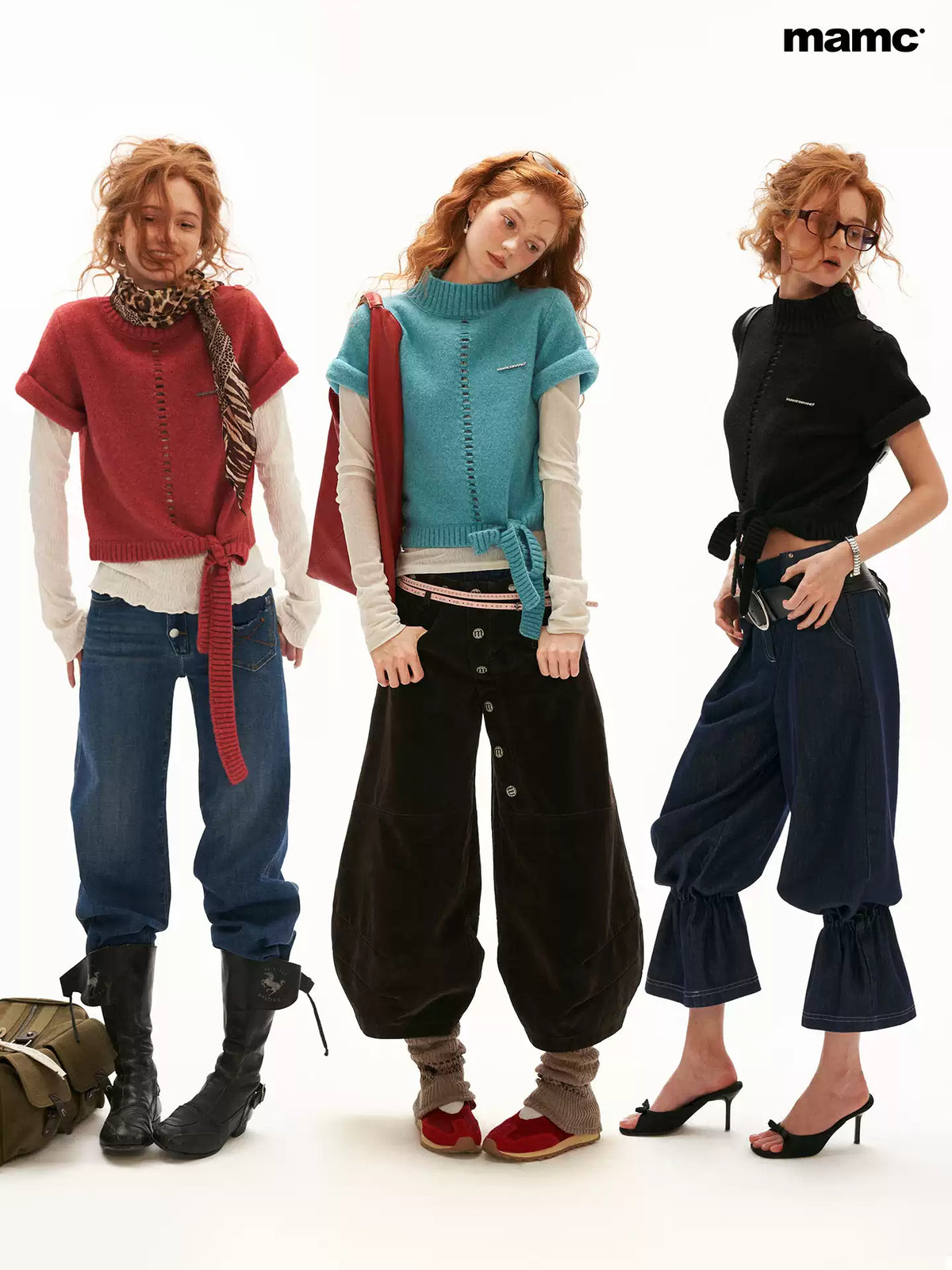 MAMC - Blue Ribbed Mock-Neck Tie-Hem Knit Sweater