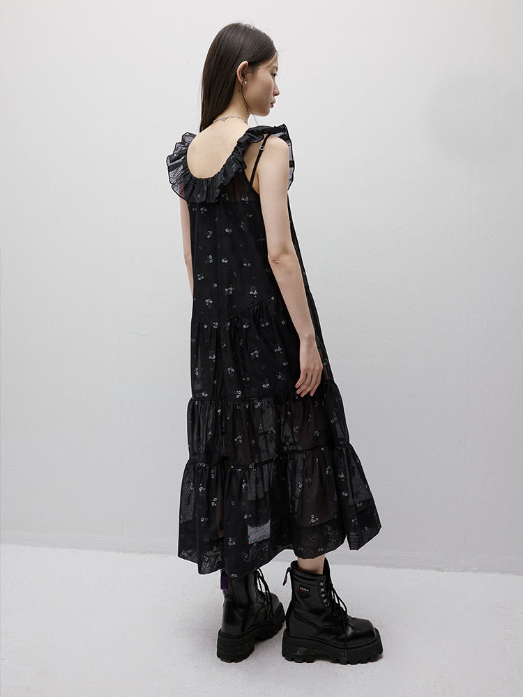 FUSSED Dropping Flora Burnout Floral Babydoll Maxi Dress – Dark Blue Floral FOF-25SS047b