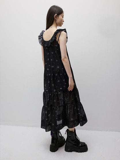 FUSSED Dropping Flora Burnout Floral Babydoll Maxi Dress – Dark Blue Floral FOF-25SS047b