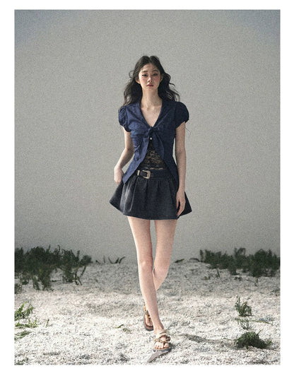 "Shimmer Across the Sea" Denim Bubble Skort (Rock Black/ Vintage Blue)