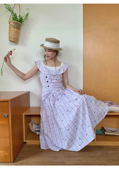 [RF] “Lavender Garden Reverie” Light Purple Bow-Waist Maxi Dress
