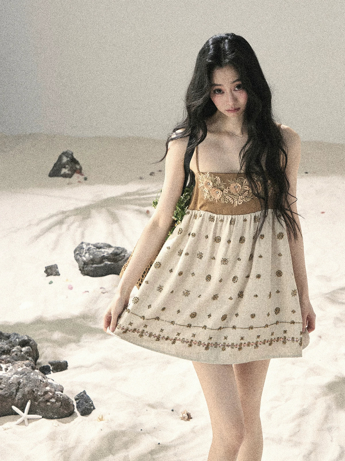 "Whispers Through the Wheat Fields" Oat Beige Floral Cami Babydoll Mini Dress