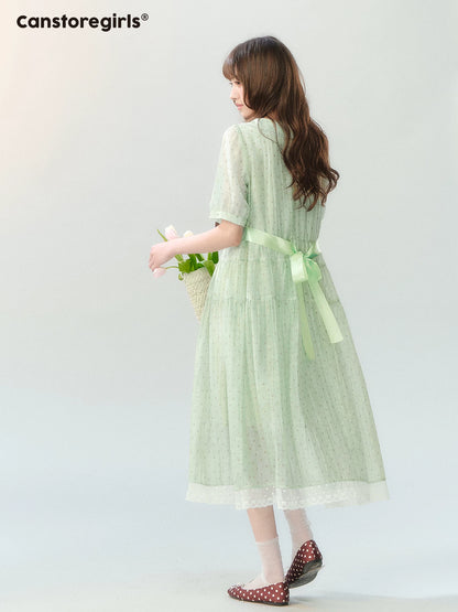 "Hyacinth Ballad" Sage Green Polka Dot Tiered Dress LL2026210