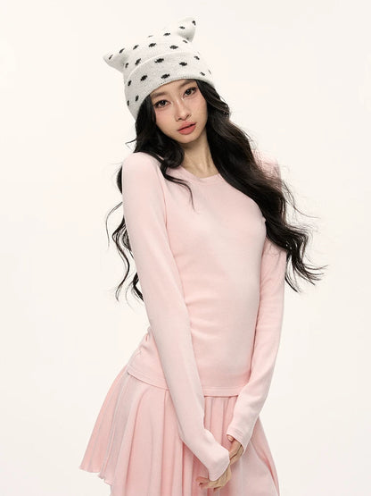 JN's DESIGN - Pink Slim-Fit Faux Two-Piece Long-Sleeve Set
