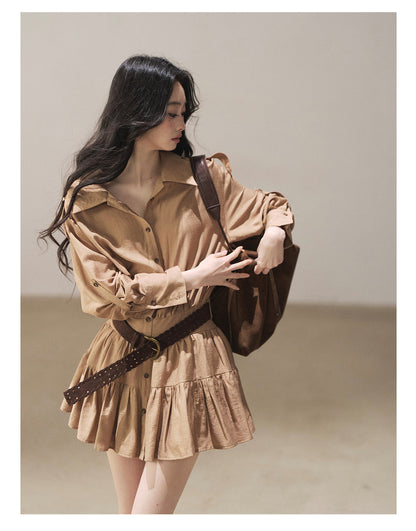 170726 "Through the Golden Wheat Fields" Chestnut Brown Utility Shirt Mini Dress with Belt & Shorts