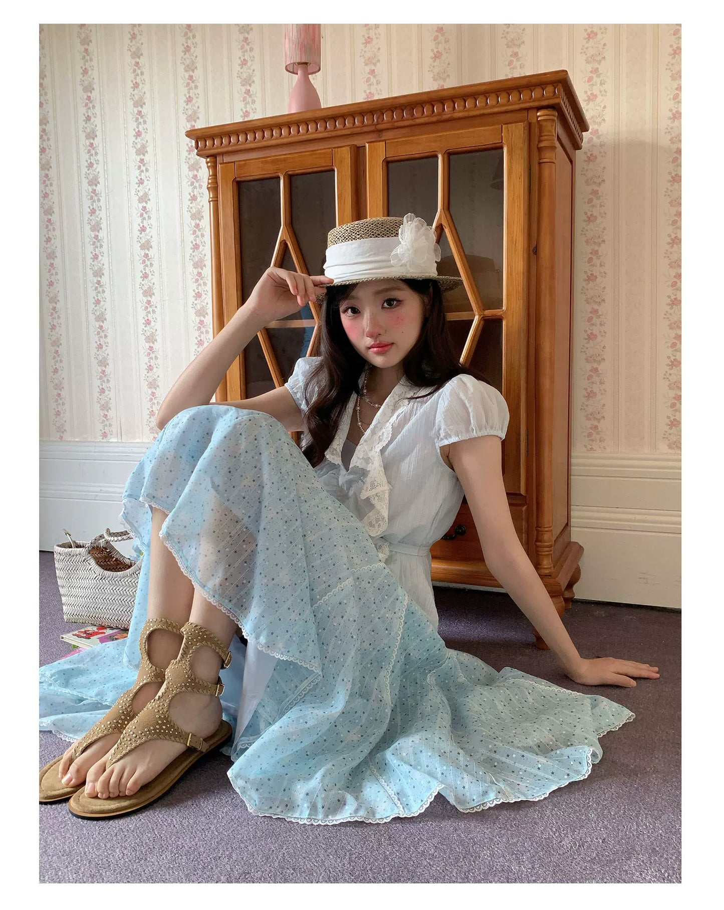 “Blue Berry Stardust” Blue Floral Polka Dot Skirt