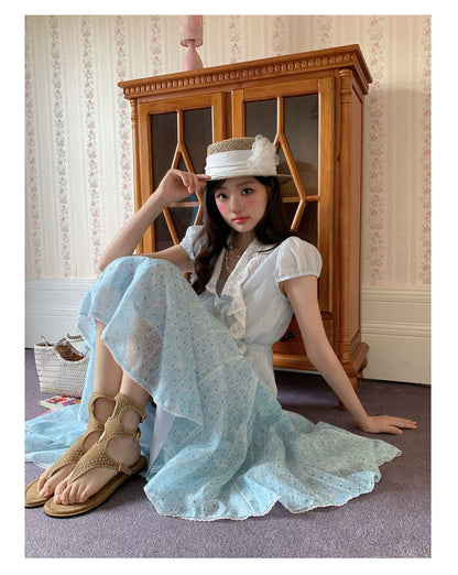 “Blue Berry Stardust” Blue Floral Polka Dot Skirt