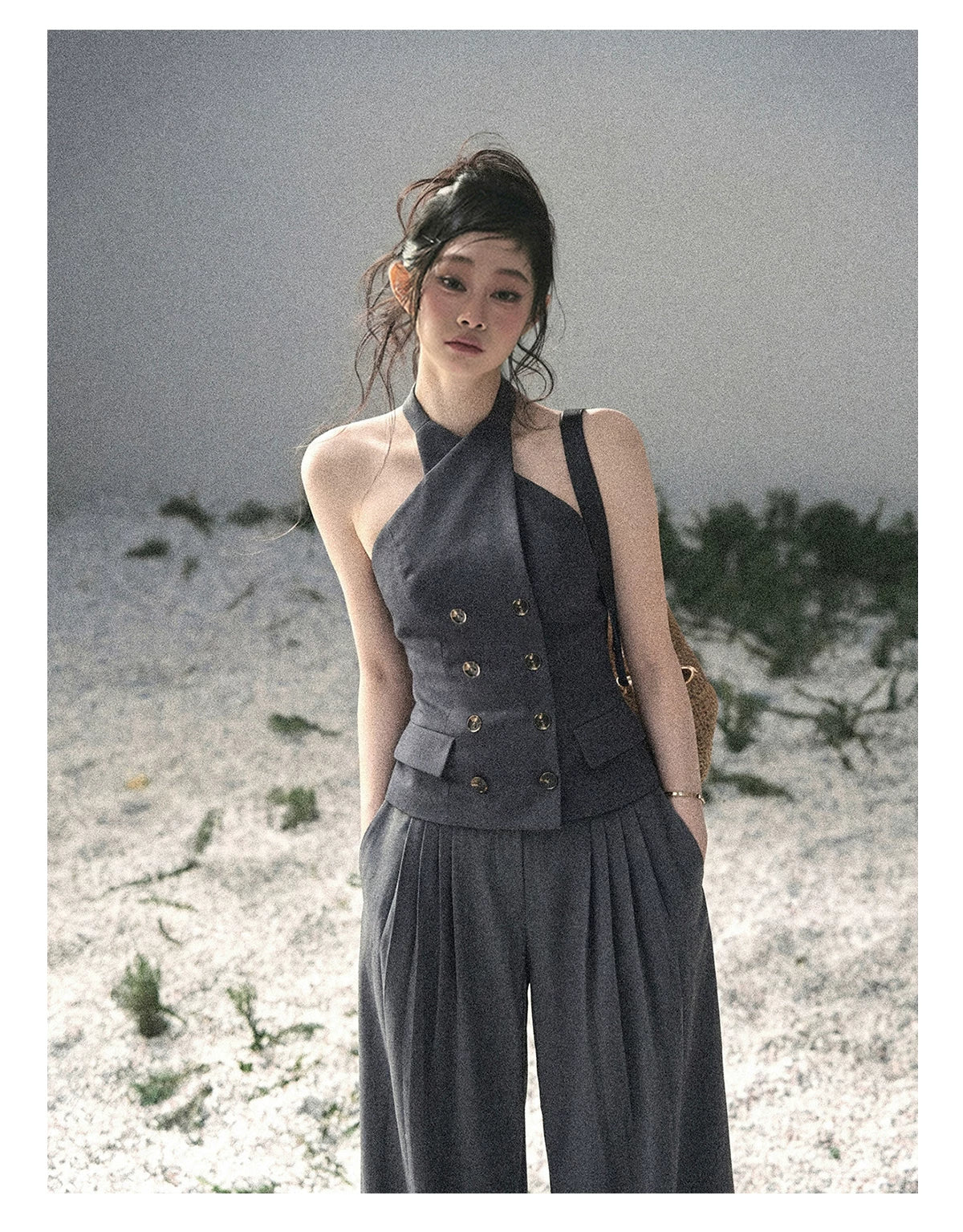 "The Unsent Letter" Deep Slate Gray Halter Tailored Top