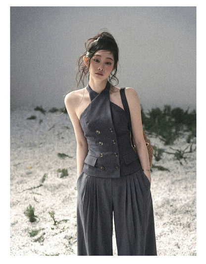 "The Unsent Letter" Deep Slate Gray Halter Tailored Top