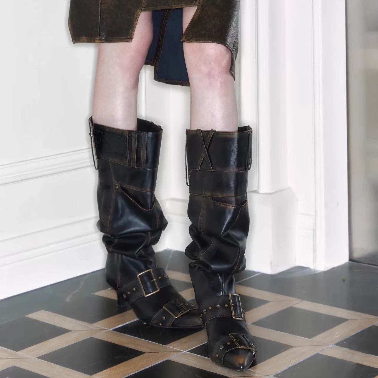 Vintage Western Slouch Knee-High Boots (Black / Ivory / Distressed Brown)