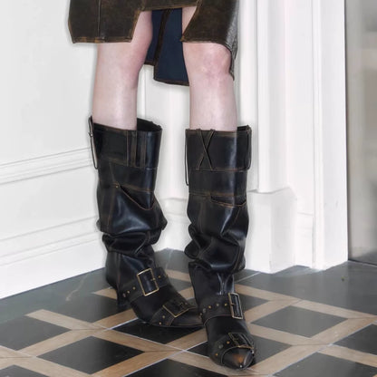 Vintage Western Slouch Knee-High Boots (Black / Ivory / Distressed Brown)