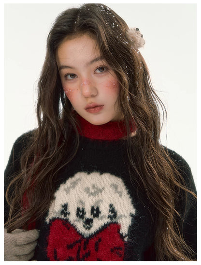 CANSTORE - "Bow Applause" Dark Gray Puppy Jacquard Knit Sweater