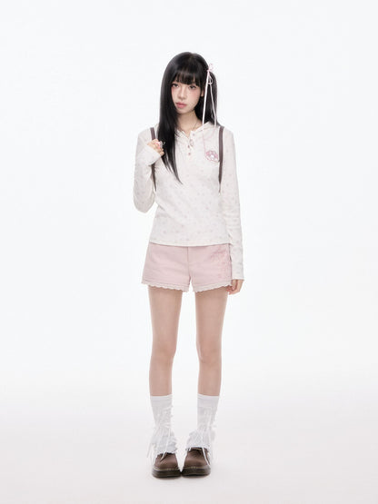 KYOUKO - Cherry Pink Lace-Trim Shorts