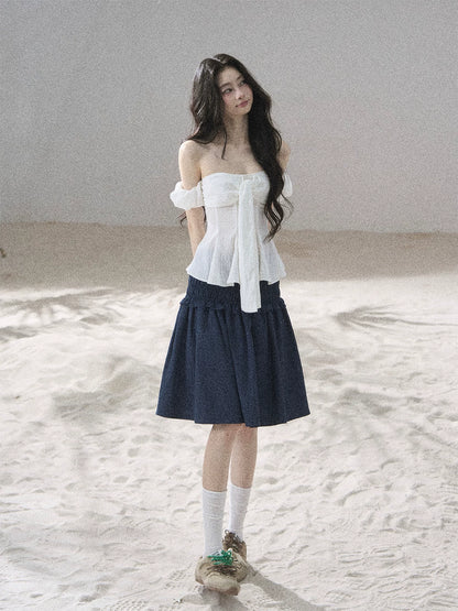 "Lazy Soliloquy" White Peplum Top & Wide-Leg Pants Set