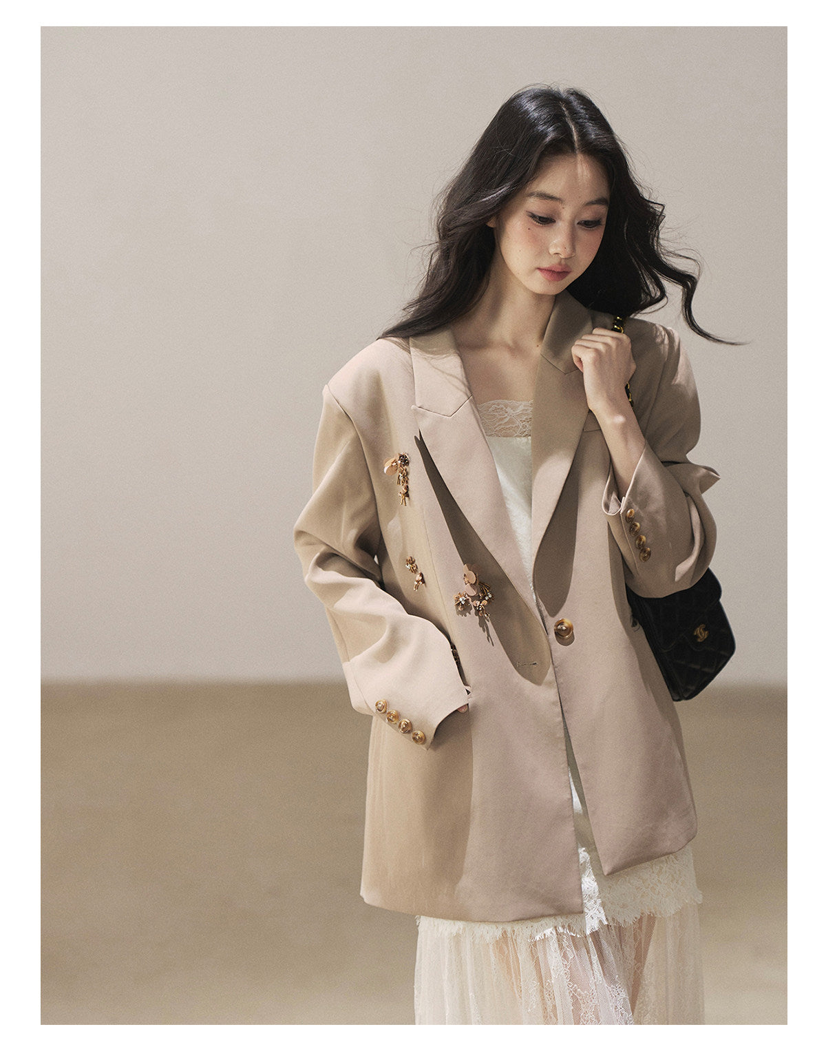 170726 "Your Open Meadow" Taupe Gray Floral Embellished Oversized Blazer