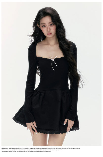24olvides - Fitted Two-Tone Look Dress with Lace Hem and Bow Detail