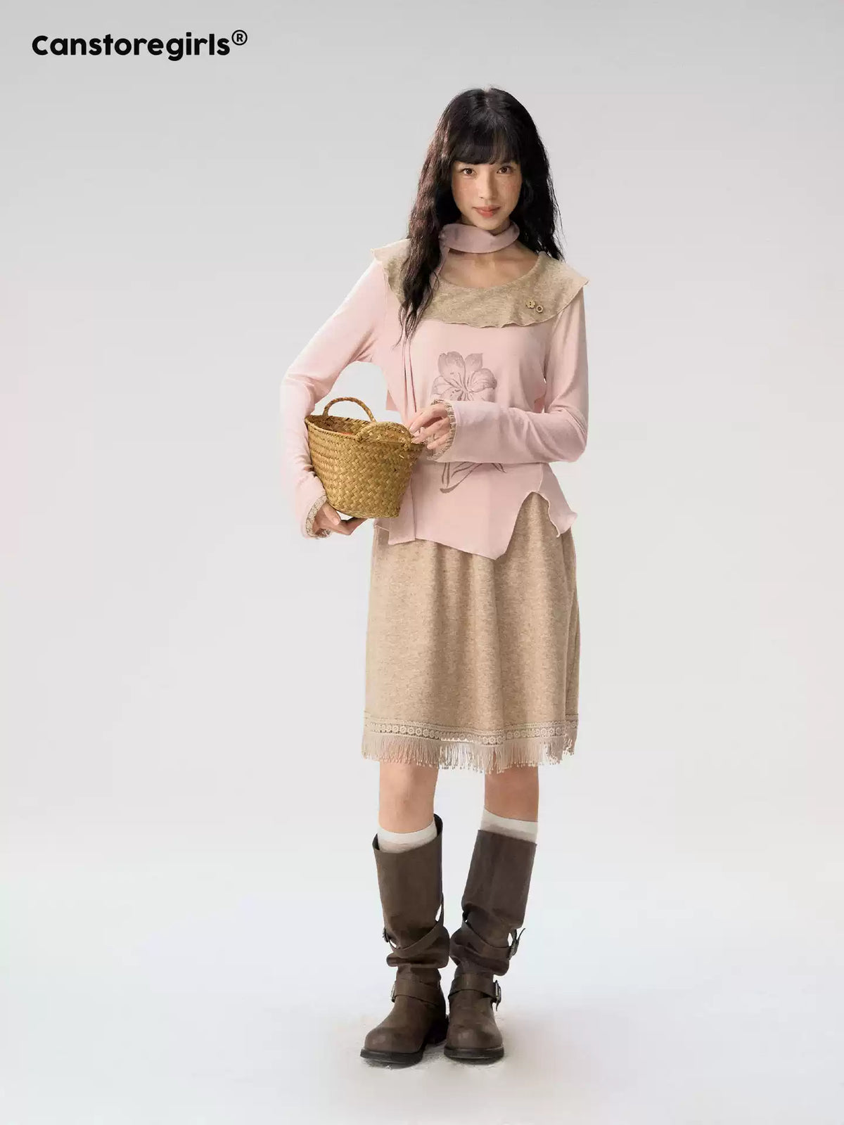 [CAN] "Dusky Floral Whispers" Blush & Chestnut Brown Set (Long Sleeve Top / Tassel Mini Skirt)