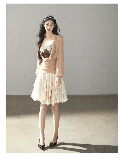 AOMALM - Cinnamon Blush Ruched Wrap Chiffon Top with Lace Cami Set