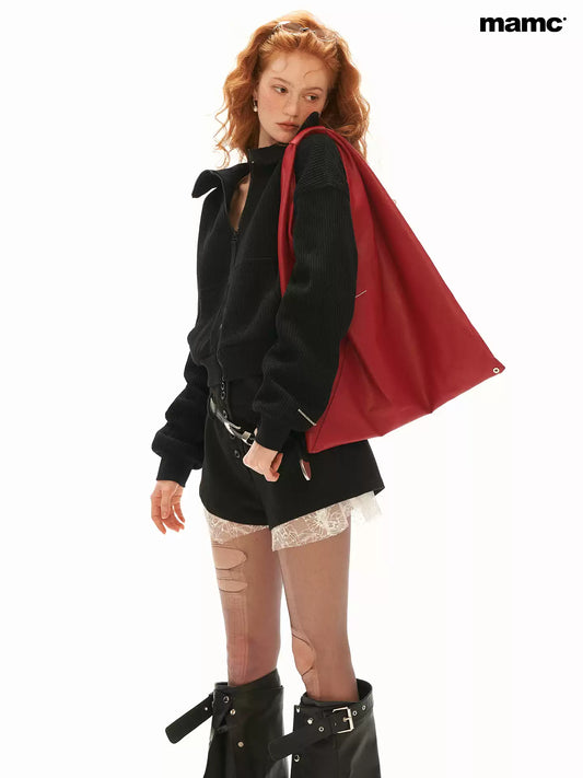MAMC - Black Textured Knit Cropped Jacket with Adjustable Snap Collar