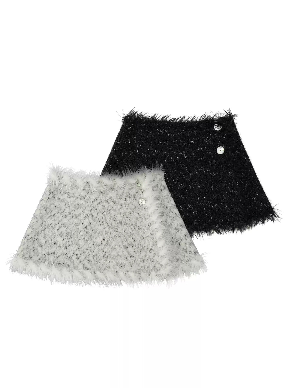 MAMC - Textured Two-Way Knit Scarf & Shawl with Long-Hair Fringe (Black / White)