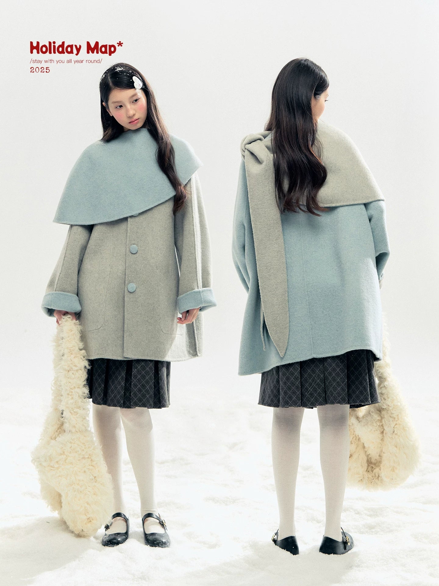 "Double Winter Embrace" Blue & Gray Reversible Wool-Blend Cape Coat