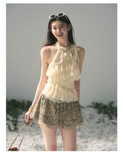 “Spring Traces in Tulle” Pale Butter Lace Halter Top