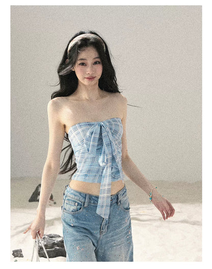 "Blue Danube Reverie" Mist Blue Bow Bandeau Crop Top & Cardigan Set 54638463