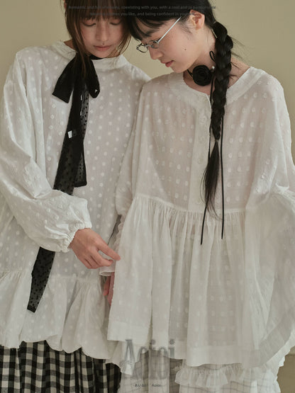 "Soft Polka Whisper" White Long Sleeve Babydoll Midi Dress