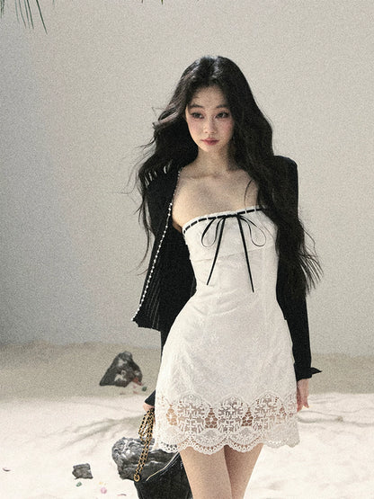 "Moonwoven Reverie" Cloud White Lace Bodycon Mini Dress & Serenity Black Cardigan 5132