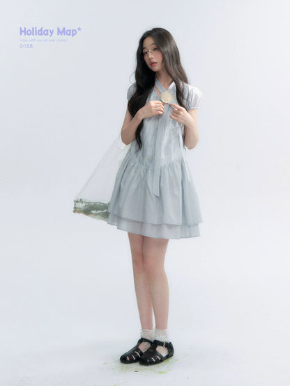 "Cedar Salt" Cool Moon Blue Lace Trim Puff Sleeve Dress