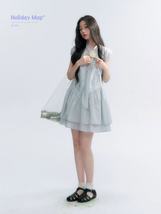 "Cedar Salt" Cool Moon Blue Lace Trim Puff Sleeve Dress