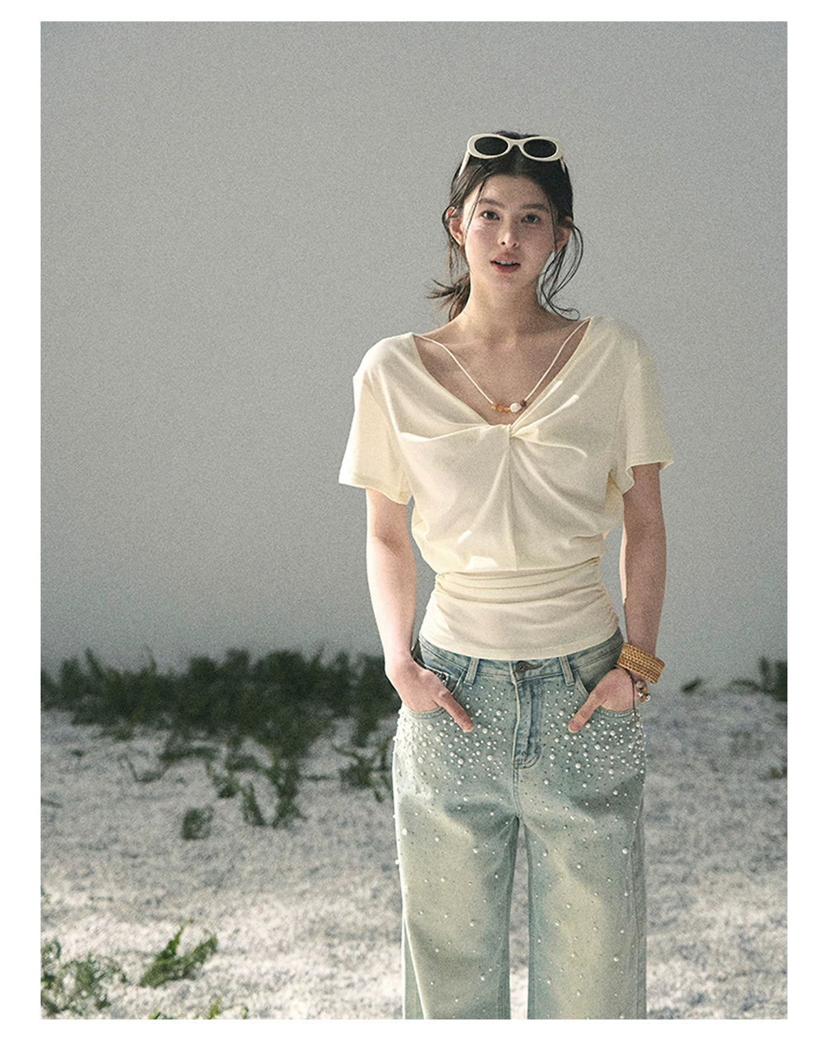 “White Between Breaths” Ivory Twist V-Neck Top