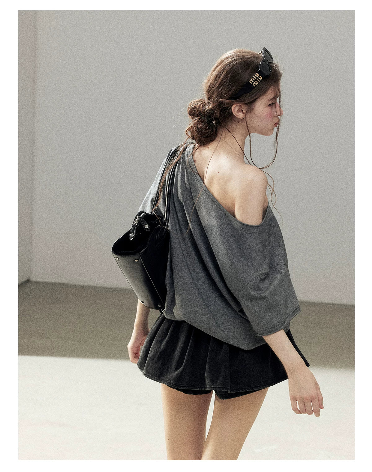 "Muted Shades of Gray" Silver Mouse Gray Off-Shoulder Tee