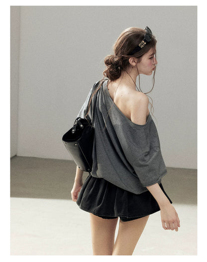 "Muted Shades of Gray" Silver Mouse Gray Off-Shoulder Tee