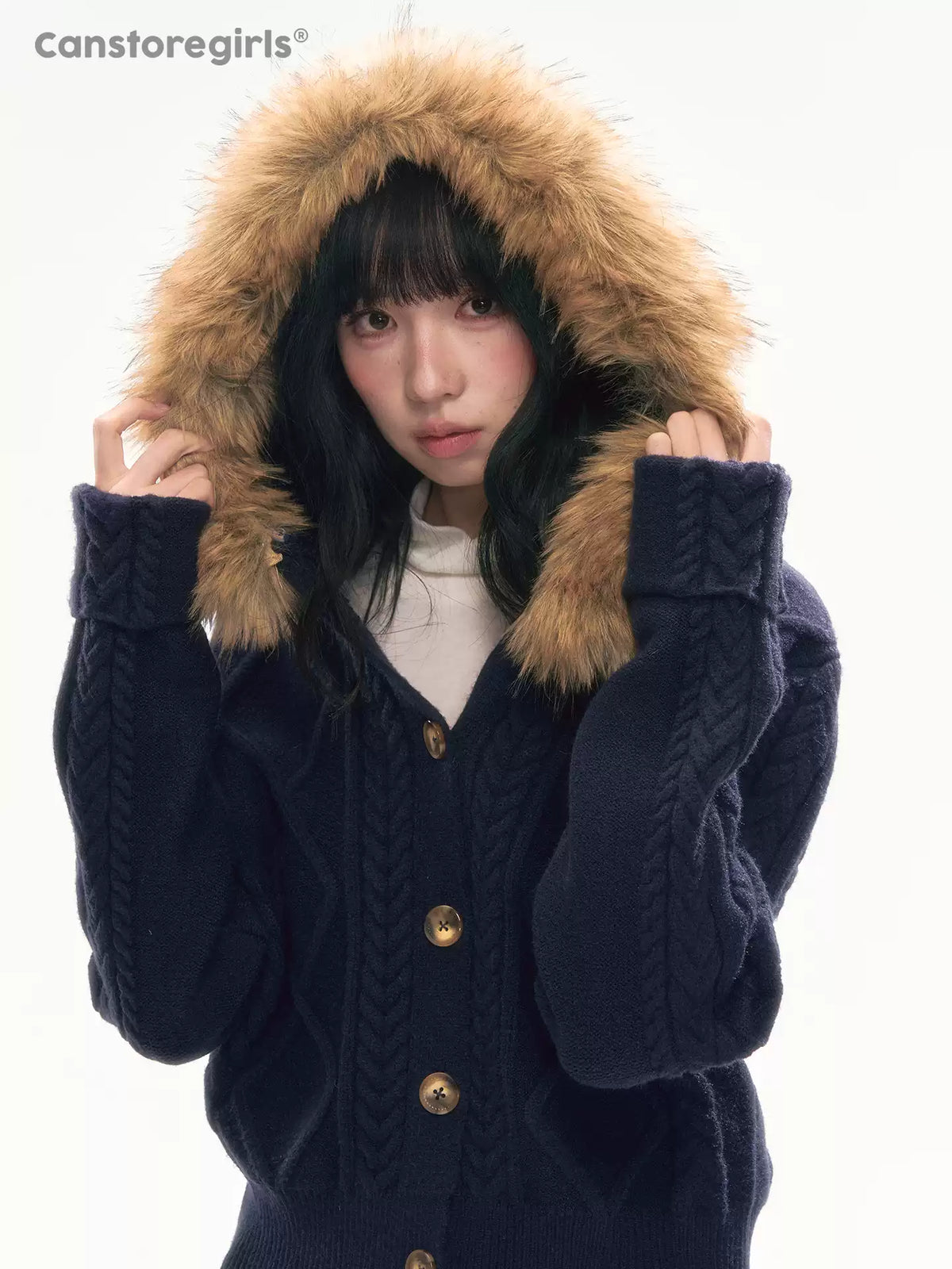 [CAN] Cable Knit Hooded Cardigan (Navy / Dusty Pink)