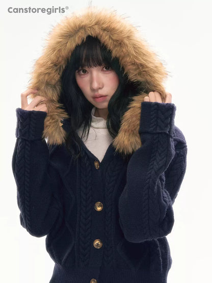 [CAN] Cable Knit Hooded Cardigan (Navy / Dusty Pink)