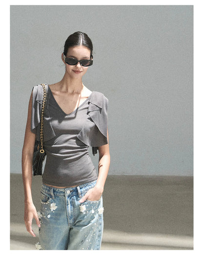 "Where Clouds Fall" Ruffle Sleeve V-Neck Crop Top (Forest Green/ Sage Gray/ Misty Blue/ Cinnamon Pink)