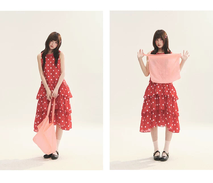 "Polka Dot Layers" Red Polka Dot Tiered A-Line Maxi Cami Dress