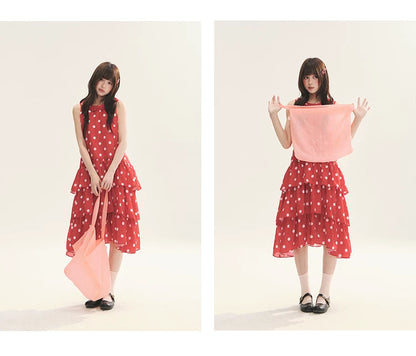 "Polka Dot Layers" Red Polka Dot Tiered A-Line Maxi Cami Dress