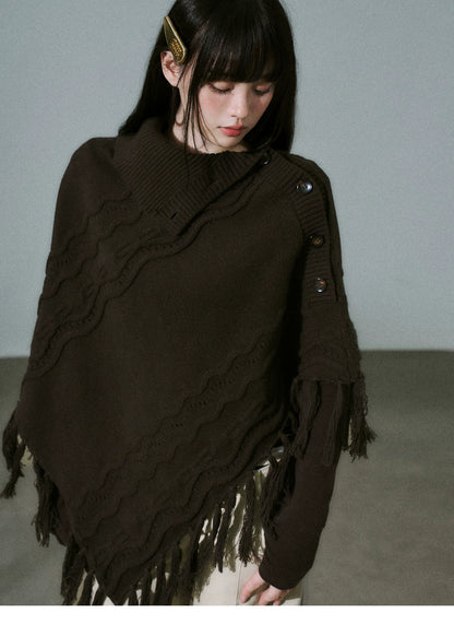 LOST FOREST - Wool-Blend Bow Graphic Fringe Cape Shawl (Coffee / Dark Gray)