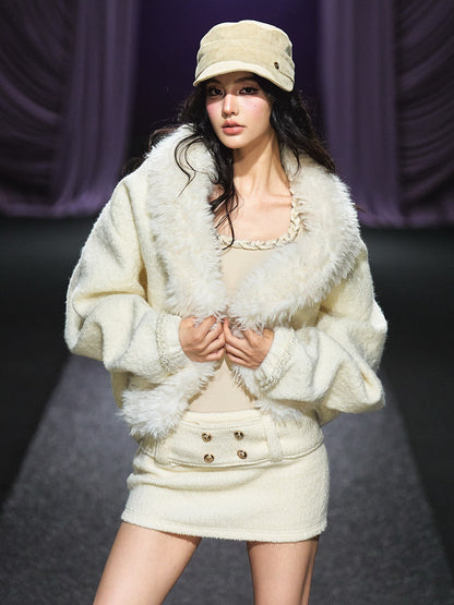"Winter Chalet" Ivory Faux Fur Collar Padded Jacket