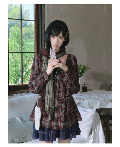 "Sage Whisper" Layered Vintage Collection (Plaid Shirt / Lace Cami / High-Waist Skirt)