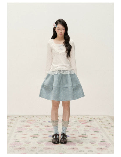 [RF] Cream Floral Peter Pan Collar Long-Sleeve Fitted Layering Top with Lace Details