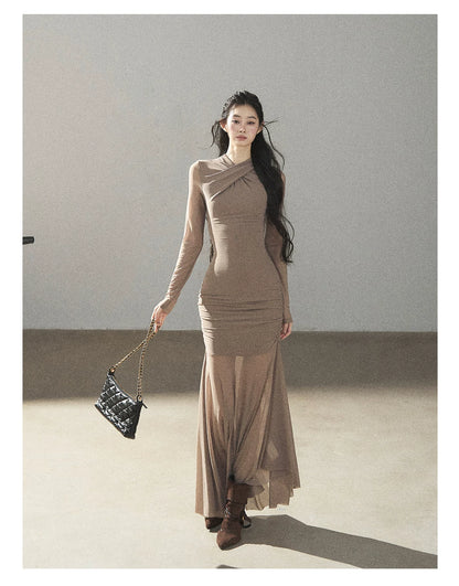 AOMALM - Milk Tea Ruched Mesh Mermaid Maxi Dress