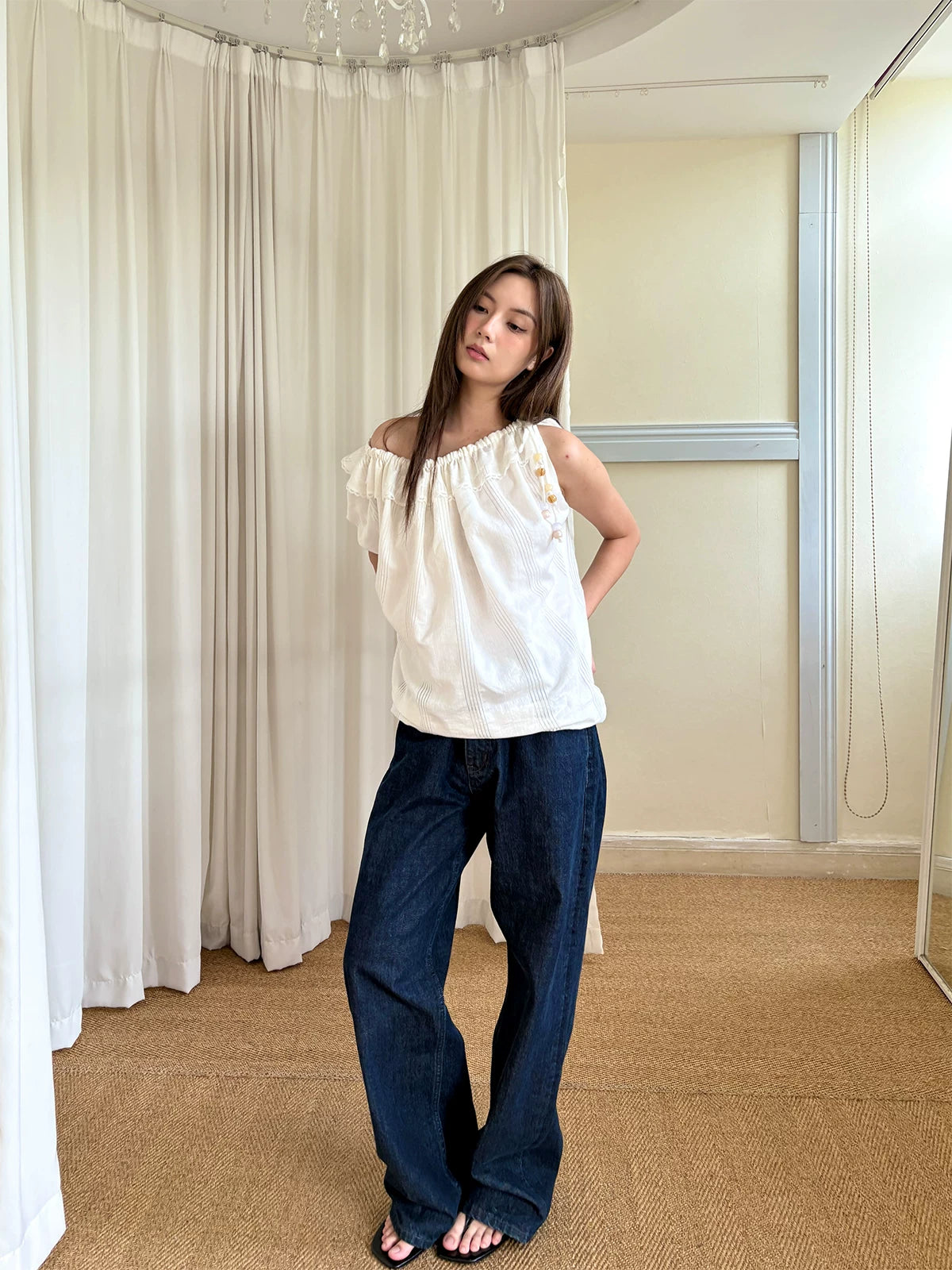 LOST FOREST - Natural Linen-Blend Drawstring Shoulder Top
