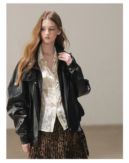 AOMALM - "Solo Journey" Quiet Black Oversized PU Moto Jacket