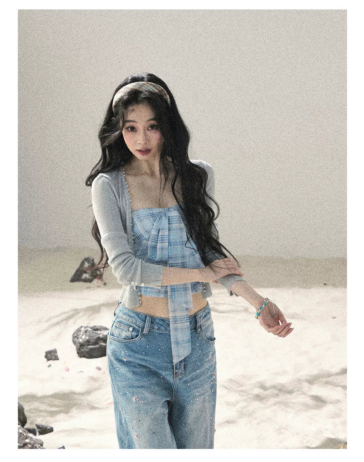 "Blue Danube Reverie" Mist Blue Bow Bandeau Crop Top & Cardigan Set 54638463