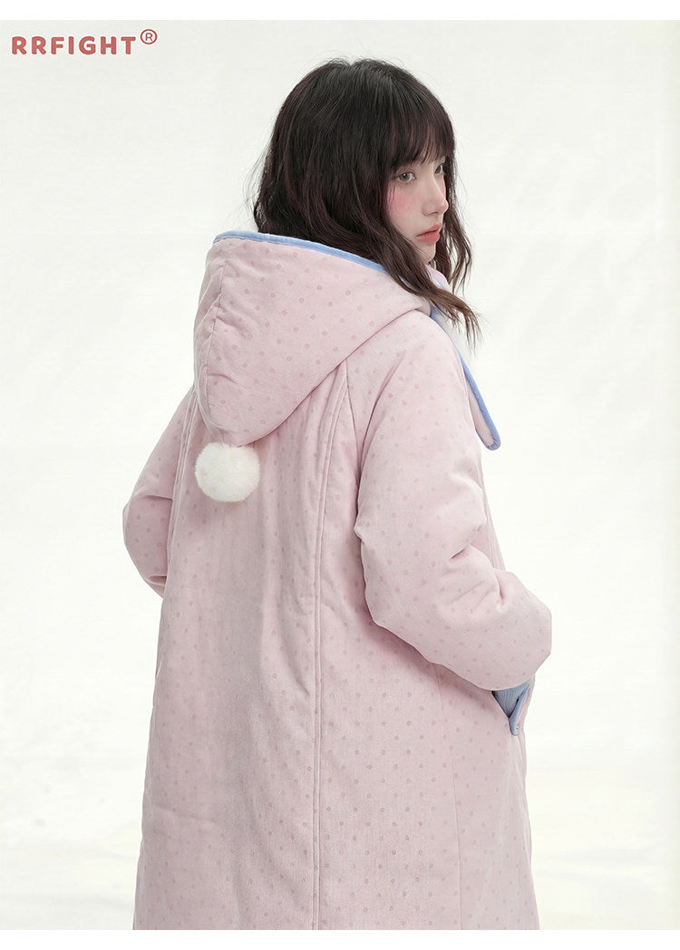 阮阮自制 - Berry Cream Pink Polka Dot Hooded Corduroy Padded Jacket