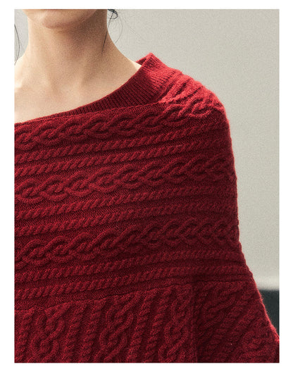 少也眼 “Norwegian Exchange” Off-Shoulder Cable Knit Winter Sweater – Cabernet Red
