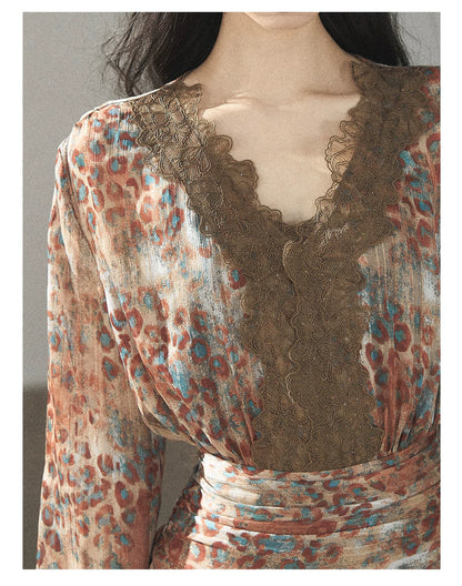 AOMALM - “Whispers of Withered Branches” Rich Cocoa French Lace Chiffon Mini Dress with Tights
